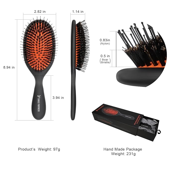 Hair Brush, Nylon and 100% First Cut Soft Boar Bristle Brush for Women Men Kids - Suitable for Fine/Thick/Long/Curly/Thinning/Wet/Dry Hair,Smooths Frizz and Enhance Shine & Salon-Quality