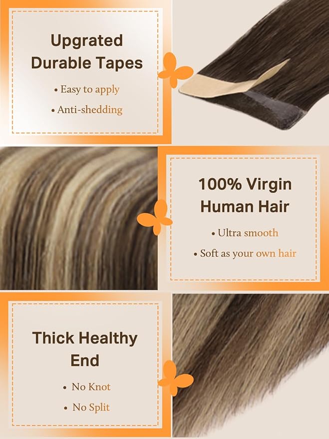 DOORES Human Hair Tape in Extensions, Balayage Chocolate Brown to Honey Blonde 16 Inch 40pcs 100g Skin Weft Seamless Tape in Hair