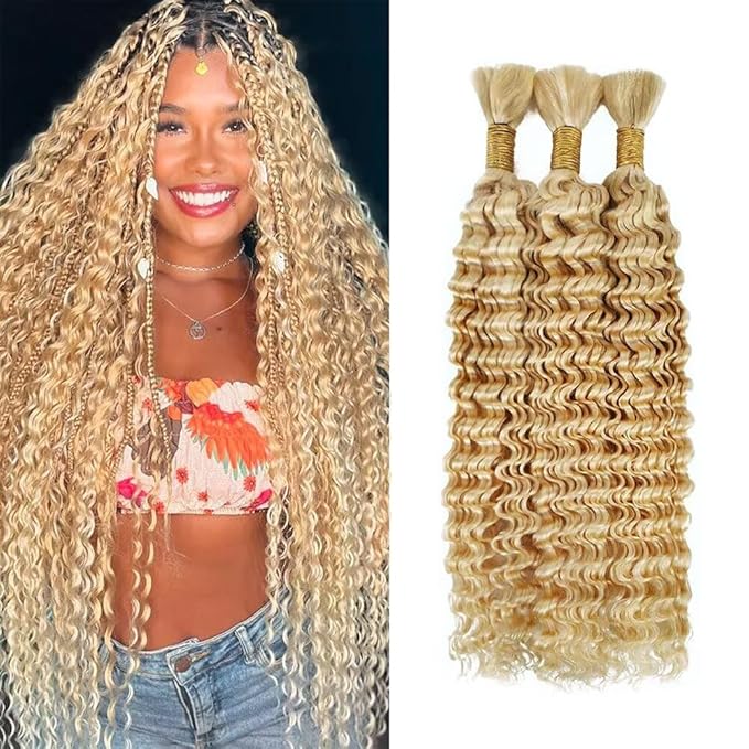 28 inch 613 Blonde Human Braiding Hair for Boho Braids 613 Deep Wave Human Bulk Braiding Hair 150g Honey Blonde Deep Wave 3 Bundles