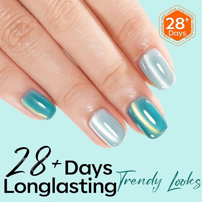 modelones 9D Magnetic Cat Eye Gel Nail Polish Green Holographic Mint Blue Golden Shimmer, 15ML UV LED Soak Off Gel Nail Art Manicure 15ML