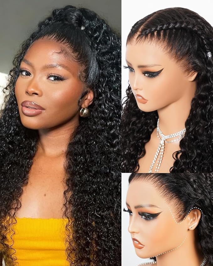 Glueless 13x6 Three-Go™ Deep Wave Lace Front Wigs Human Hair Pre Plucked Pre Cut 220% Density HD Frontal Burmese Curly Human Hair Wig With Drawstring Wig 24 Inch