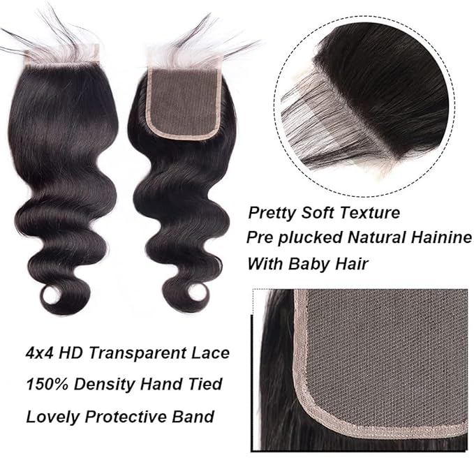12A Human Hair Bundles with Closure 16 18 20+14 Inch Body Wave Bundles Human Hair Unprocessed Brazilian Virgin Hair Bundles with 4x4 Lace Closure for Women Natural Color