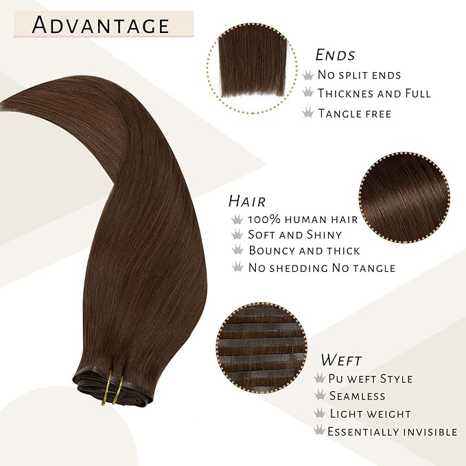 Caliee Seamless Clip in Human Hair Extension Skin Weft Seamless Hair Extensions Clip in 7Pcs Fluffy Not Tangled Remy Hair Extensions Medium Brown Straight Clip ins for Women 110G 20Inch