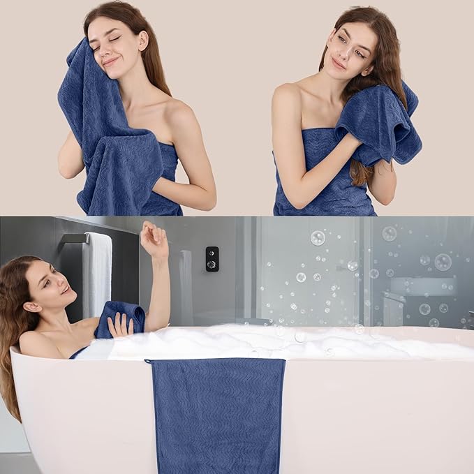 Bathroom Towels Set of 4, 35x70inch Oversized Bath Towels Extra Large Microfiber Shower Towels Textured Ultra Soft Absorbent Towels Quick Dry Towel Bath Sheets for Bathroom Hotel Spa Navy Blue