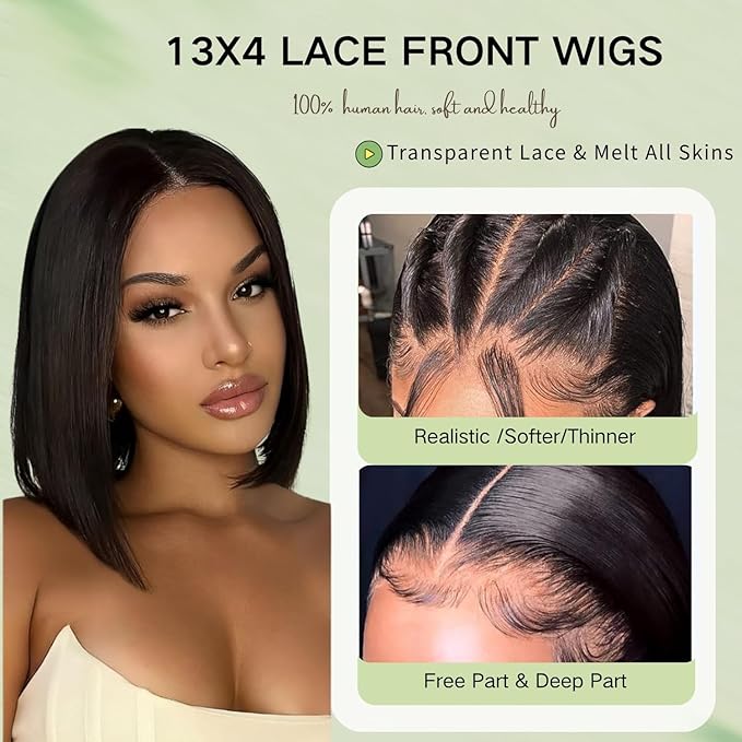 Bob Wig Human Hair 13x4 Lace Front Wigs Human Hair Pre Plucked 150% Density Glueless Bob Wigs for Black Women Short Straight Bob Wig (10 Inch