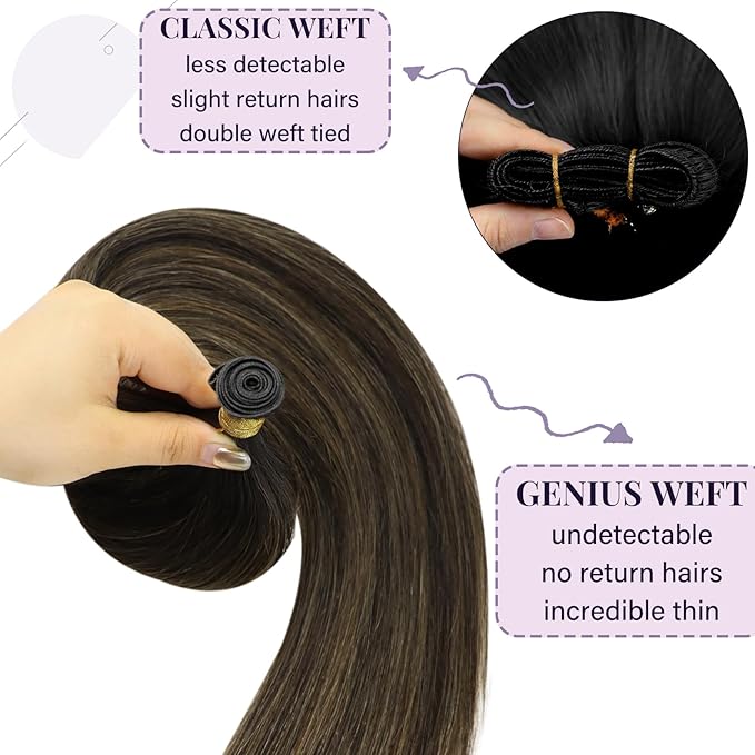 Fshine Brazilian Hand Tied Genius Weft Hair Extensions 16inch 50g Balayage Darkest Brown Mixed Light Brown Straight Remy Hair Seamless and Invisible Full Head Sew in Hair Extensions for Women
