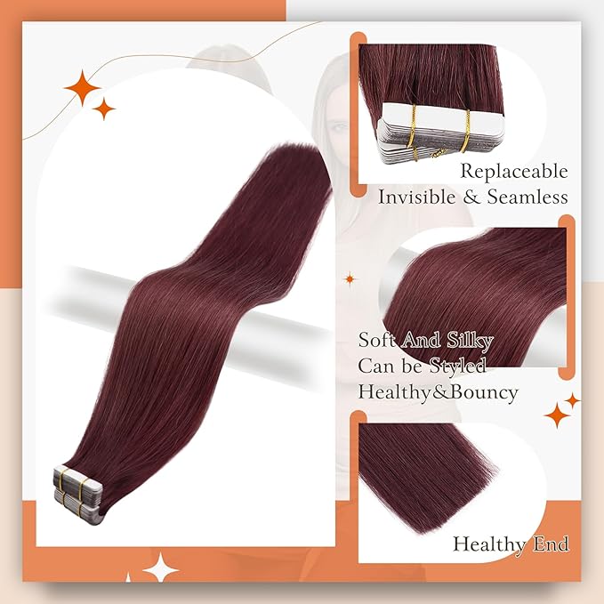 Full Shine Hair Extensions Wine Red 99J Tape in Hair Extensions Human Hair 22Inch Tape in Extensions Invisible Human Hair Extension Burgundy Seamless Skin Weft Hair 50Gram 20Pcs Remy for Women