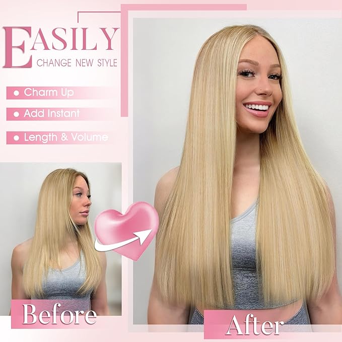 Clip in Hair Extensions Long Straight Synthetic Beige Blode 4 PCS Thick Hair Extensions Fiber Double Weft Hair Pieces for women 22 Inch