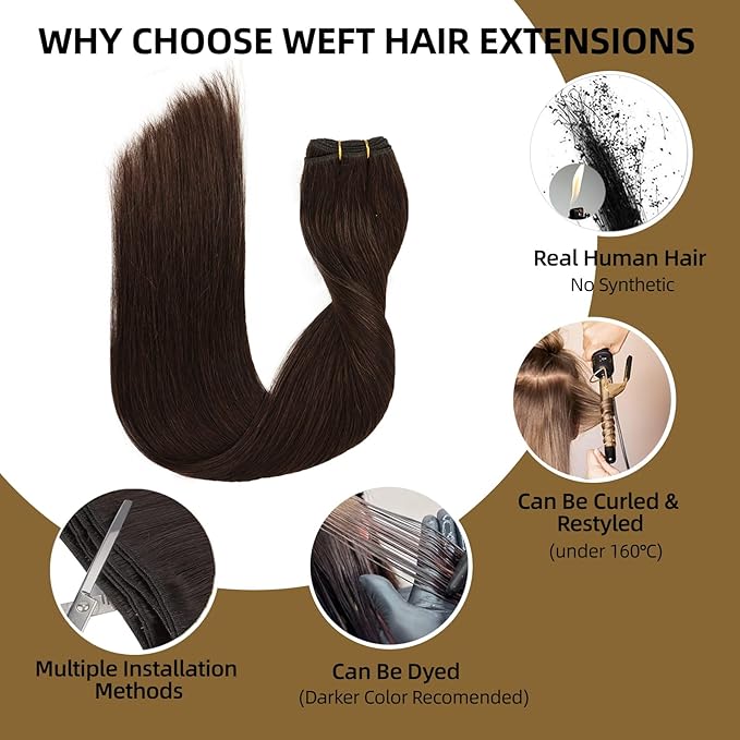 Sew in Hair Extensions Real Human Hair, 110g 18 inch #2 Dark Brown Hand Tied Weft Hair Extensions Human Hair Double Weft Quick Weave Bundles Silky Straight