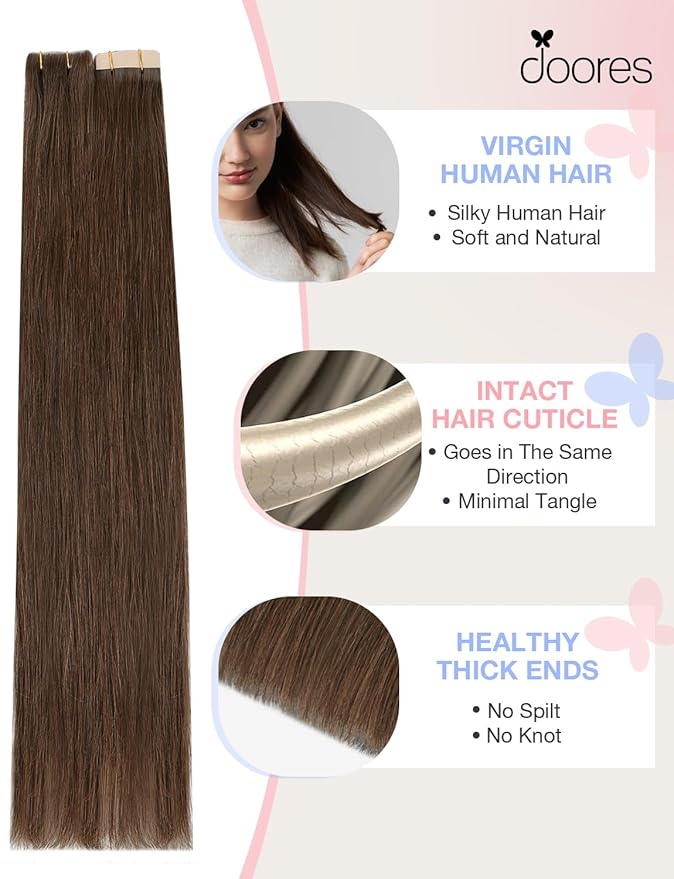 DOORES Invisi Edge Tape in Hair Extensions, Chocolate Brown 10 Injection Tape-ins with 10 Classic Tape-ins 50g 16 Inch, Virgin Human Hair Injection Tape in Extensions Straight