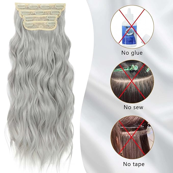 24 Inch Silver Gray Hair Extensions Clip ins for Women, Long Wavy Curly Clip on Hair Extensions, 4PCS Soft Natural Look Clip in Hair Extension for Women(60#, 24INCH)