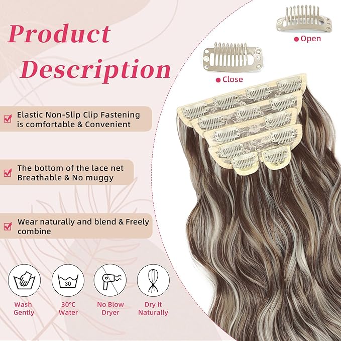 Vigorous Clip in Hair Extensions 6Pcs Hair Extension Clip Ins 20Inch Natural Soft Synthetic Hairpieces for Women(Light Brown & Ash Blonde)