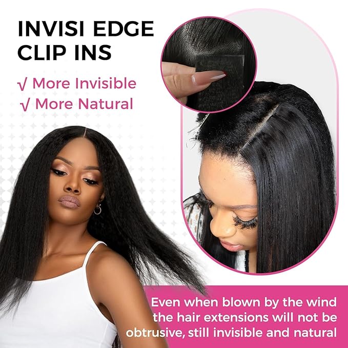 Lashey Invisi Edge Seamless Clip in Hair Extensions Human Hair, 7pcs 110g 14 Inch Clip in Hair Extensions for Women Natural Black Kinky Straight Hair