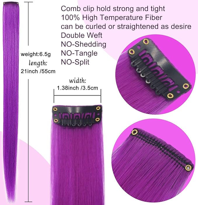 Rhyme 9PCS 21" Colored Clip in Hair Extensions Purple Hair Extensions for Kids Girls Hair Clips Straight Fashion Hairpieces for Party Highlights Hair Accessories (Purple)