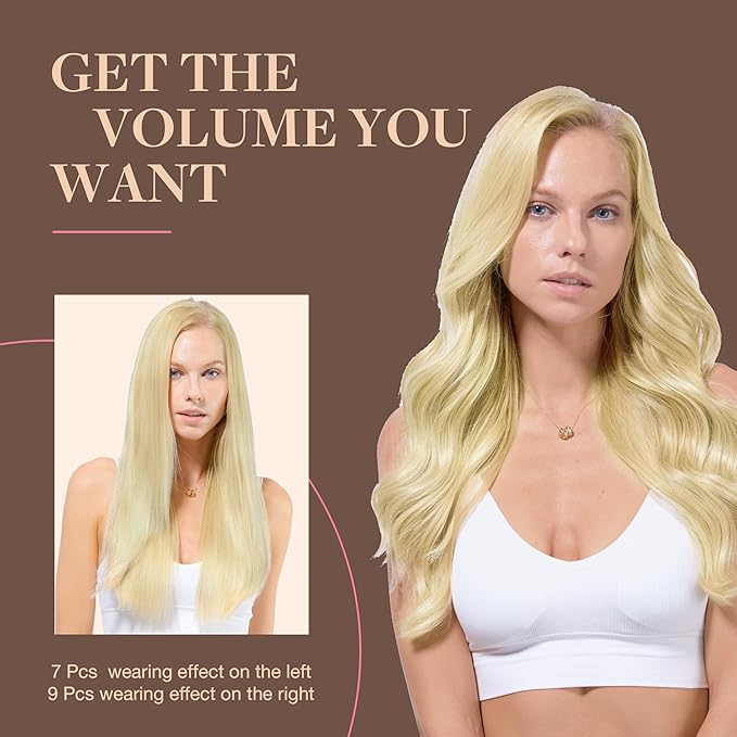 GOO GOO Clip in Hair Extensions Real Human Hair, Remy Human Hair Extensions Clip ins for Women, Natural Human Hair, 22inch 220g 9Pcs, #16/22 Light Blonde Highlighted Golden Blonde