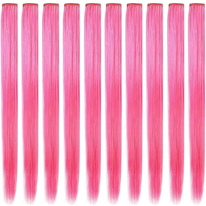 10PCS 20Inch Pink Hair Extensions for Girls Wig Pieces Clip in Coloured Hair Extensions for Women Colorful Hairpieces Party Highlights Synthetic Multiple Colors