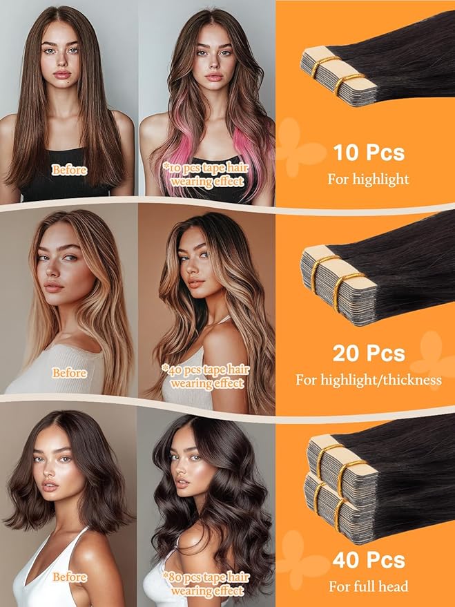 DOORES Hair Extensions Real Huaman Hair, Natural Black to Chestnut Brown 10 Inch 20g 10pcs, Tape in Hair Extensions Straight Remy Hair Extensions for Women Natural Hair