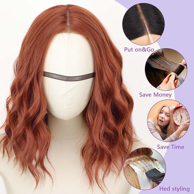 AISI HAIR 14 Inch Orange Wigs for Women - Shoulder Length Wave Wig with Pre-Cut Lace Hairline, Middle Part Natural Wavy Bob Synthetic Heat Resistant Fiber for Daily and Party