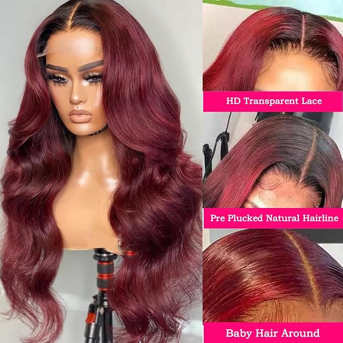 IUPin 1b 99j Burgundy Lace Closure Wigs Human Hair Body Wave Ombre Color Glueless Pre Plucked Human Hair Wigs for Women Natural Hairline with Baby Hair Colored Wine Red 24inch