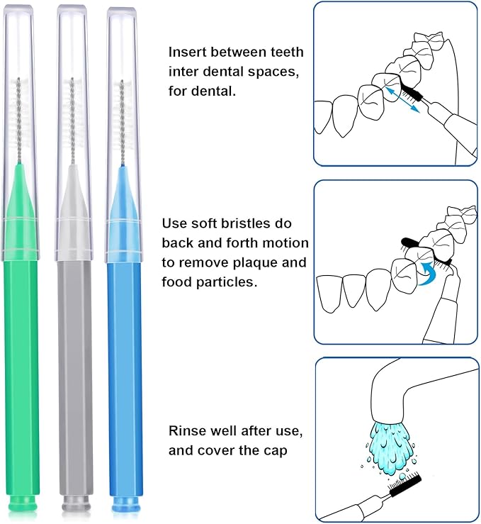 Patelai 100 Pieces Braces Brush for Cleaner Interdental Brush Toothpick Dental Tooth Flossing Head Oral Dental Hygiene Flosser Toothpick Cleaners Tooth Tool(Blue, Grey, Green,Various Sizes)