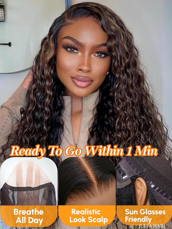 Julia Hair Golden Brown Highlight Deep Water Wave 7x5 Bye Bye Knots HD Lace Closure Glueless Wigs Human Hair Pre Plucked Pre Cut Natural Hairline Ready to Go for Beginners 24 Inch