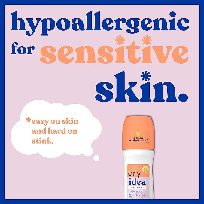 Dry Idea Roll-On Deodorant & Antiperspirant | 2X Longer Sweat Protection | 72-Hour Odor Protection | Unscented & Hypoallergenic for Sensitive Skin, 3.25 oz. (Pack of 2)