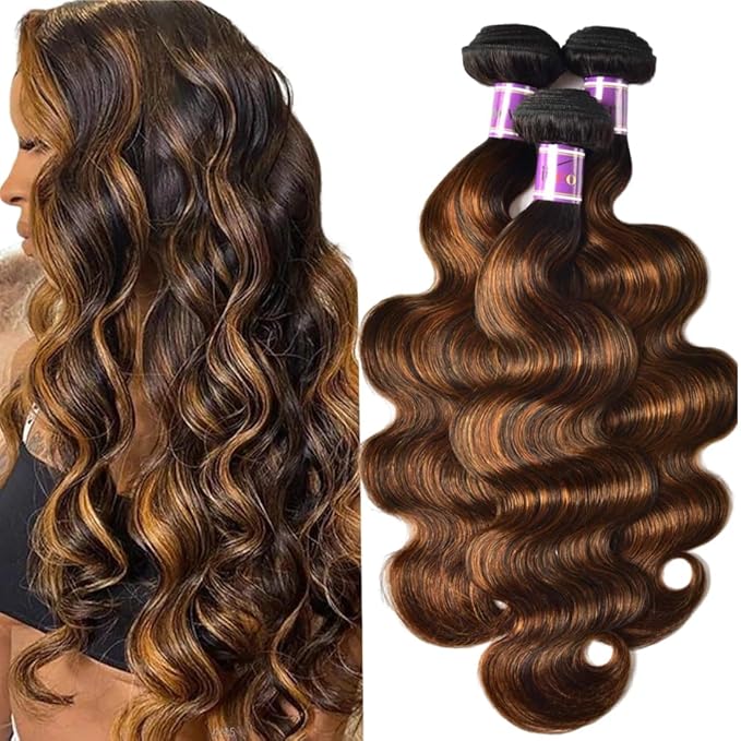 UNice Brown Highlight Body Wave Human Hair Weave 3 Bundles 8 10 12 inch, Brazilian Remy Hair Ombre Blonde Human Hair Wavy Weaves Sew in Piano Color TFB30