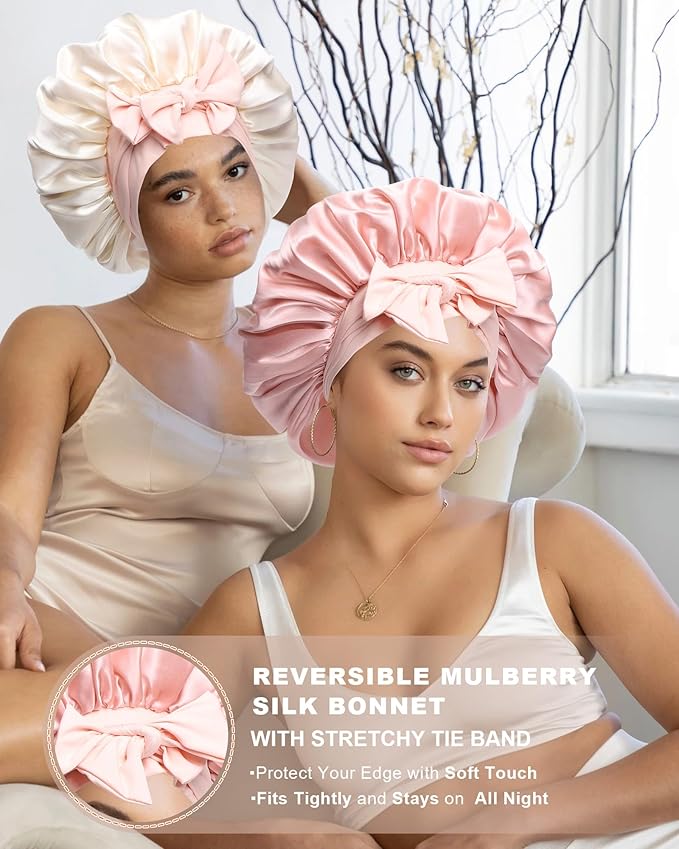 Mulberry Silk Bonnet Sleeping Women Curly Hair Bonnets Tie Band Double Layer Reversible Sleep Bonnet Silk Hair Wrap Sleep Cap