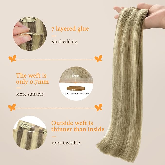 DOORES Seamless Clip-in Hair Extensions, Light Brown Highlighted Medium Blonde 18 Inch 130g 7pcs, Virgin Silky Straight Thick Hair Extensions
