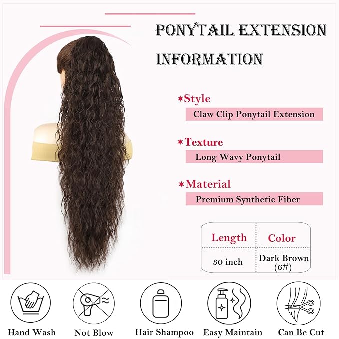 ENBEAUTIFUL 30" Claw Clip Ponytail Extension Long Wavy Ponytail Extension Synthetic Fluffy Natural Looking Pony Tails Hair Extensions Clip in Hair pieces for Women Dark Brown