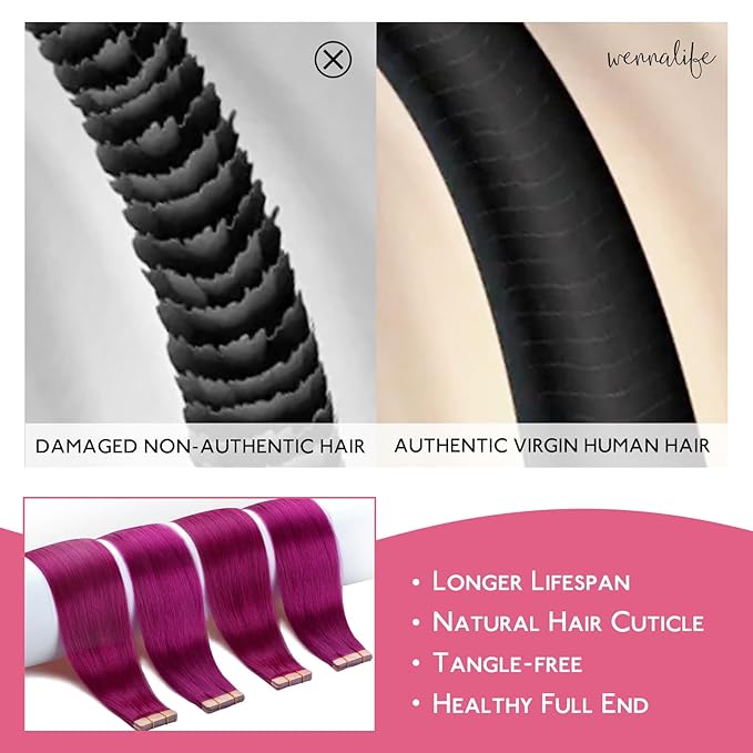 WENNALIFE Tape in Hair Extensions Human Hair Violet Tape in Extensions, 10pcs 30g 24 inch Remy Invisible Tape Ins Straight Colored Soft Real Human Hair Tape in Extensions Refill Set Extensions
