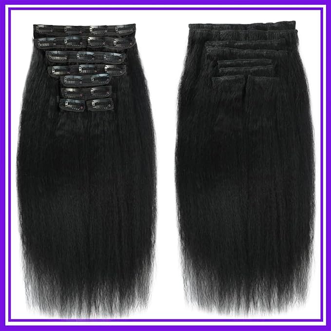 Kinky Straight Clip in Hair Extensions 22 Inch Human Hair Yaki Straight Clip ins Seamless Remy Human Hair Clip in Extensions for Women Natural Black 8Pcs 100g 20 Clips