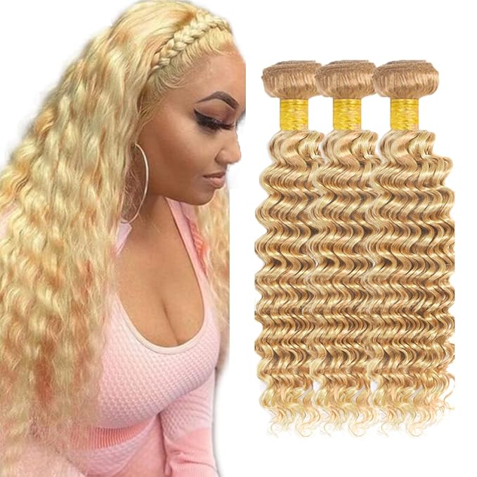 27/613 Human Hair Bundles 613 Deep Wave Bundles Blonde Human Hair Bundle 22 22 22 inch 2 Tone 613 and 27 Bundle