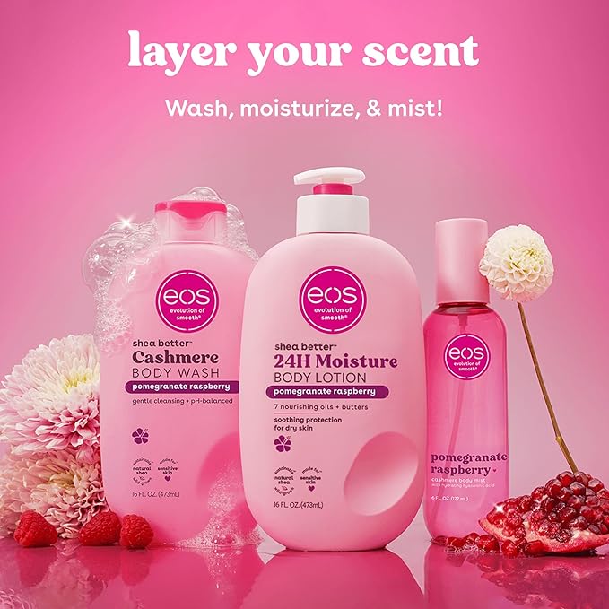 eos Cashmere Body Wash – Pomegranate Raspberry, Moisturizing Body Wash, Creamy Gel Formula, with Shea Butter, Glycerin, Vitamin E, pH Balanced, Sensitive Skin, Vegan, 16 fl oz