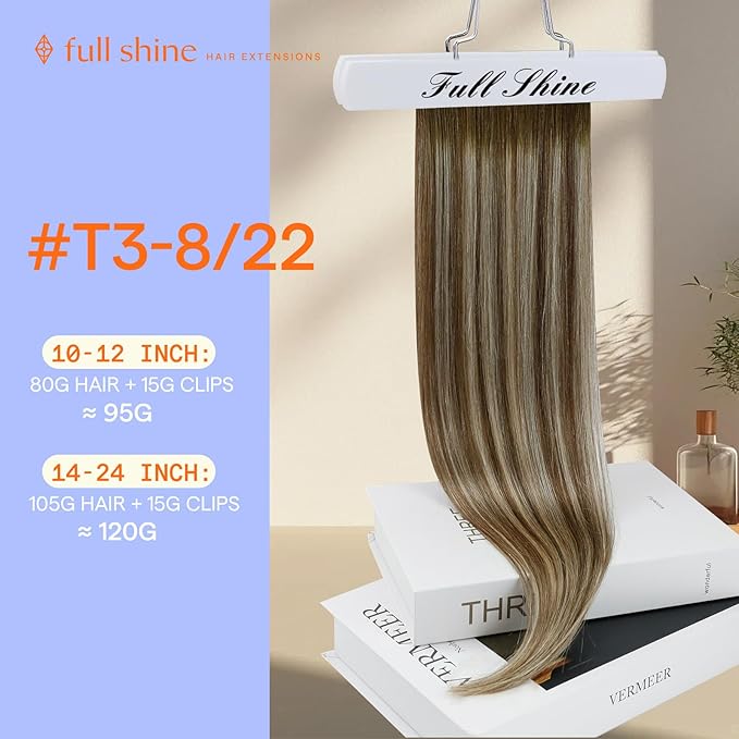 Full Shine Hair Extensions Real Human Hair Clip ins Ombre Clip in Hair Extensions Straight Brown Balayage Ash Brown Mix Blonde Hair for Women 14 Inch 7 Pcs 120 G