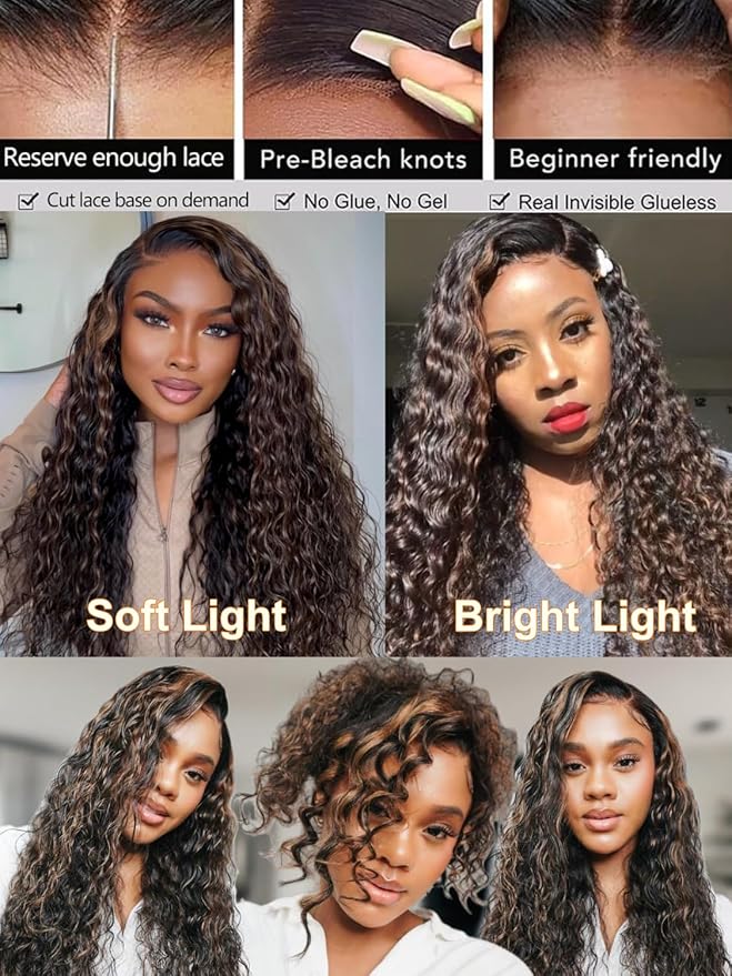 Julia Hair Golden Brown Highlight Deep Water Wave 7x5 Bye Bye Knots HD Lace Closure Glueless Wigs Human Hair Pre Plucked Pre Cut Natural Hairline Ready to Go for Beginners 18 Inch