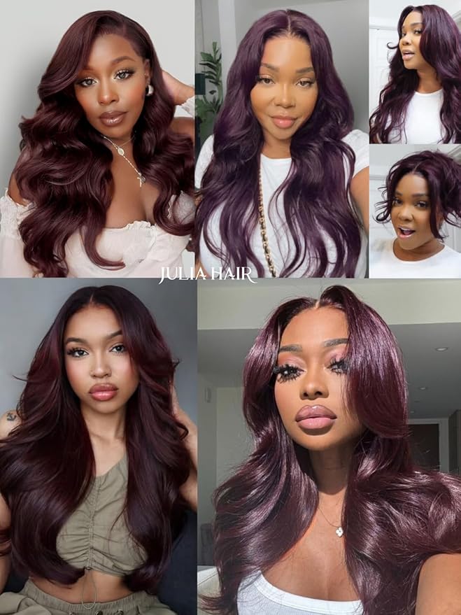 Julia Hair Black Cherry Loose Wave Wig 13x4 HD Lace Frontal Pre-Everything Drawstring Wigs Put on and Go Glueless Body Wave with Face Framing Bangs Pre Plucked Pre Cut Bleached Knots for Women 16 Inch
