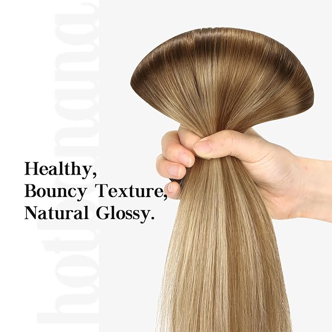HOTBANANA Human Hair Clip in Hair Extensions, Dark Brown to Chestnut Brown and Dirty Blonde Highlighted 120g Clip in Hair Extensions Real Human Hair Straight Remy Hair 24 Inch 7pcs