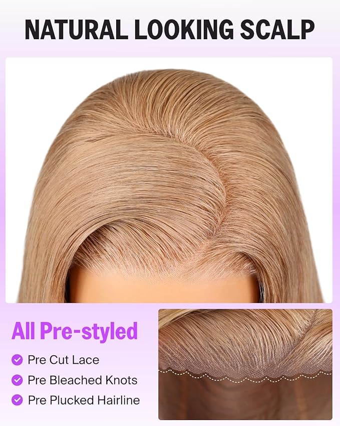 Ready to Go Glueless Wigs Human Hair Pre Plucked Pre Cut Light Brown Blonde Wig Human Hair 220% Density 6x5 Lace Closure Straight Wig Milk Tea Brown 24 Inch