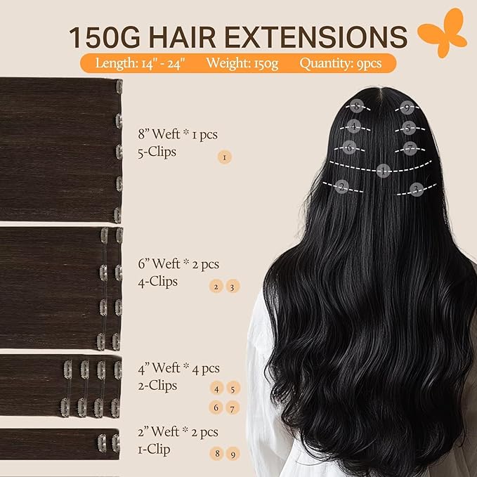 DOORES Human Hair Clip in Extensions, Light Dark Brown 16 Inch 150g 9pcs, Remy Clip in Hair Extensions Clip in Extensions Human Hair Natural Extensions for Women Clip in Thick Silky Straight