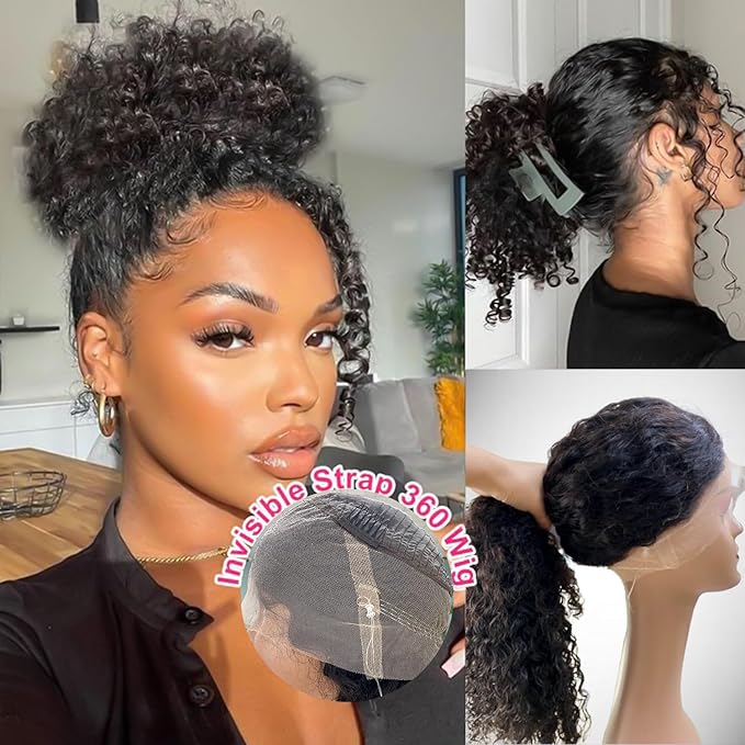 360 Glueless Drawstring Wig Human Hair 20 Inch Pre Plucked Hidden Strap 360 Water Wave Lace Front Wigs,180% Density Curly Wet and Wavy HD Full 360 Lace Frontal Human Hair Wig