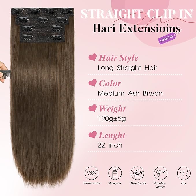 Clip in Hair Extensions Long Straight Hairpieces 22 Inch Medium Ash Brow 4PCS Ultra-thin and breathable Hairpieces Fiber Double Weft Hair for women