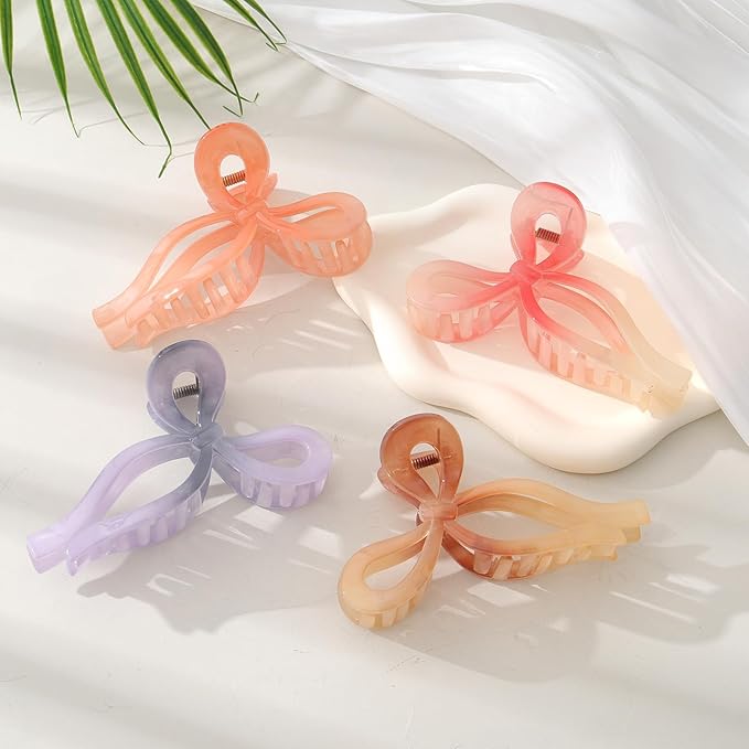 4 PCS Bow Hair Clips Bow Claw Clip for Women Nonslip Large Hair Claw Clips for Thin and Thick Hair Strong Hold Hair Bows (Purple+Rose red+Orange+Light brown)