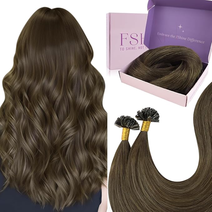 Fshine Keratin U Tip Human Hair Extensions Dark Brown to Chestnut Brown Balayage Remy K Tip Hair Extensions Pre Bonded Human Hair Extensions 20 Inch Brown Balayage Human Hair 50g
