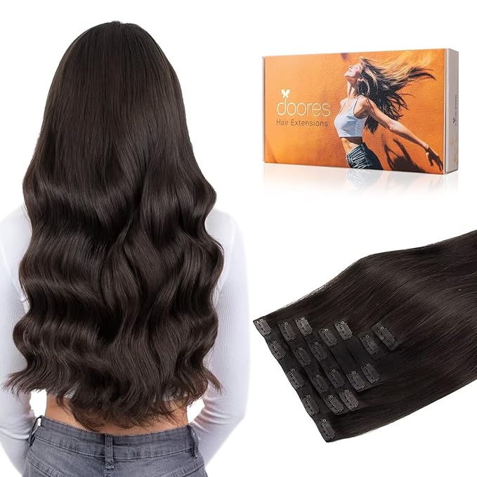 DOORES Real Human Hair Extensions, Dark Brown 7pcs 110g 16 Inch, Seamless Clip in Hair Extensions, Natural Straight Hair, Invisi Edge