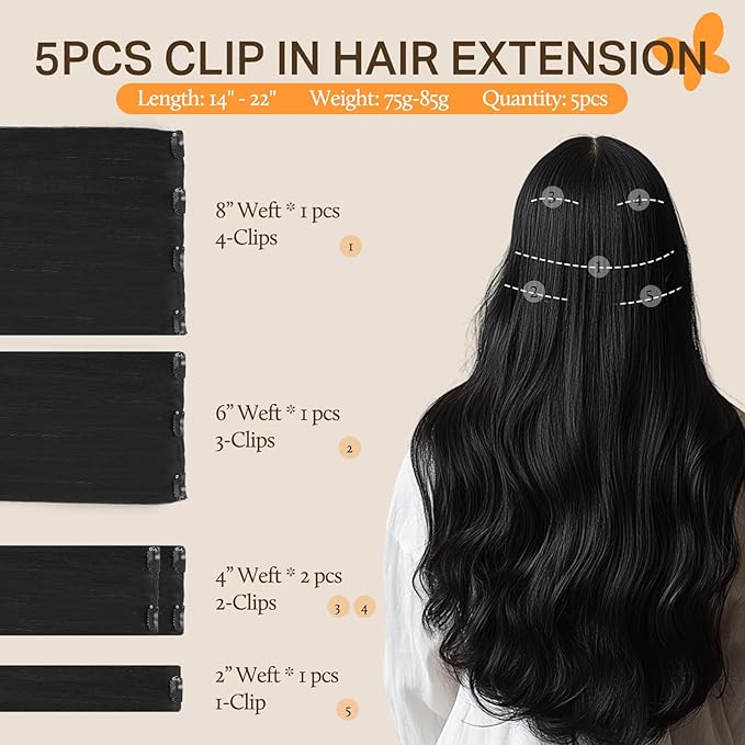 DOORES Clip-in Hair Extensions, 5pcs 80g Jet Black 18 Inch Remy Real Human Hair Straight Natural Extensions