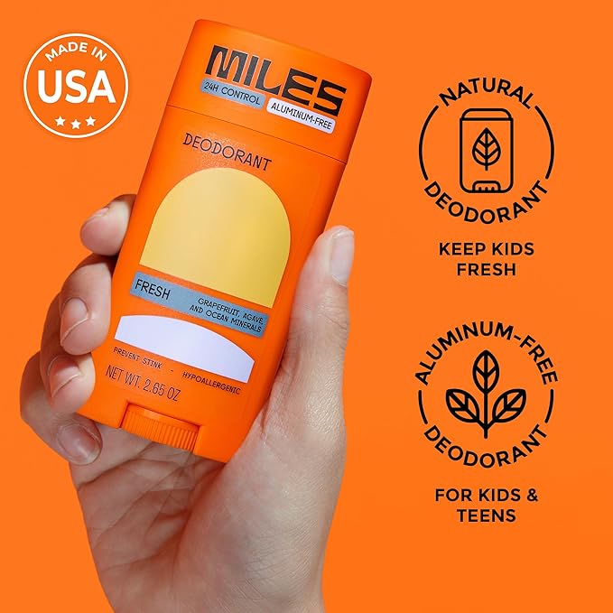 Miles Kids Deodorant for Boys and Girls - Aluminum Free Deodorant for Kids and Teens, Natural, Hypoallergenic, Made in USA - Fresh Scent, 1-Pack