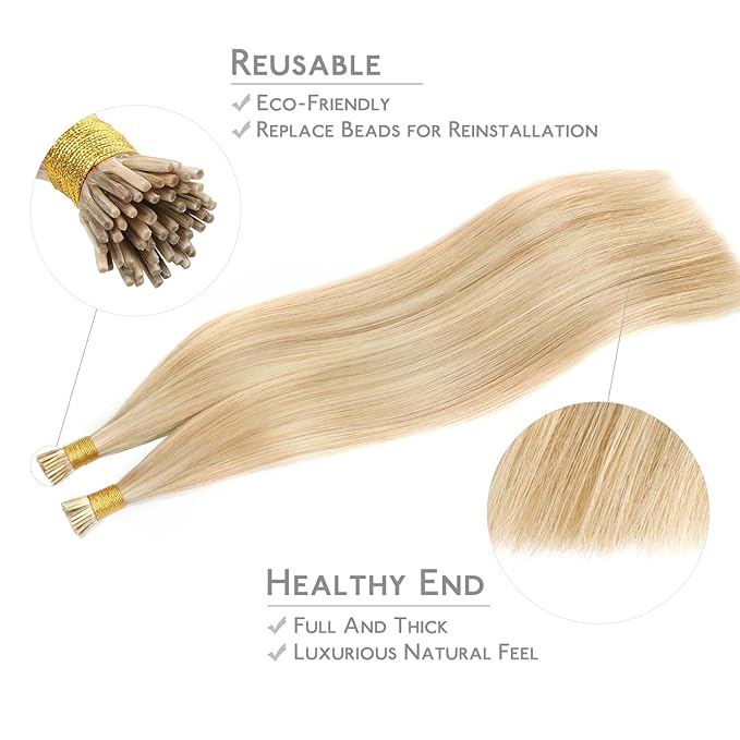 WENNALIFE I Tip Hair Extensions Real Human Hair, 100g 100s 22 Inch Dirty Blonde Highlighted Bleach Blonde Remy Itip Human Hair Extensions Invisible Itips Straight I Tips Cold Fusion Extensions