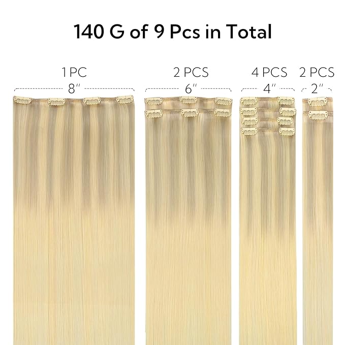 HOTBANANA Clip in Hair Extensions Real Human Hair, 135g 9pcs 14 inch Ash Blonde to Golden and Platinum Blonde Straight Remy Clip in Extensions Full Head for Women