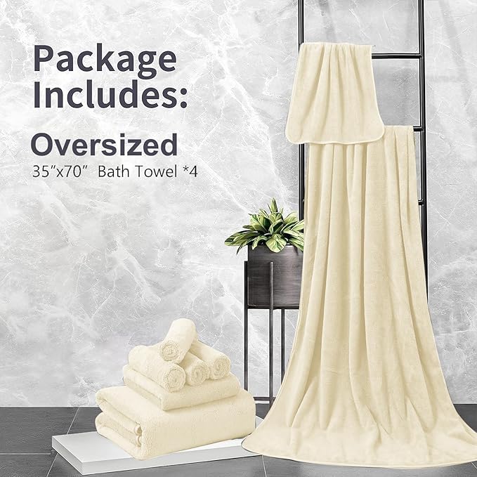 Oversized Bath Towels of 4, Extra Large Bath Sheets 35x70 Inches Quick Dry Towel for Bathroom, Ultra Soft Hotel Absorbent Towels Set for Spa Fitness-Beige